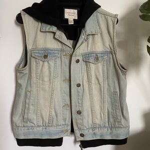 Denim vest with built in hood